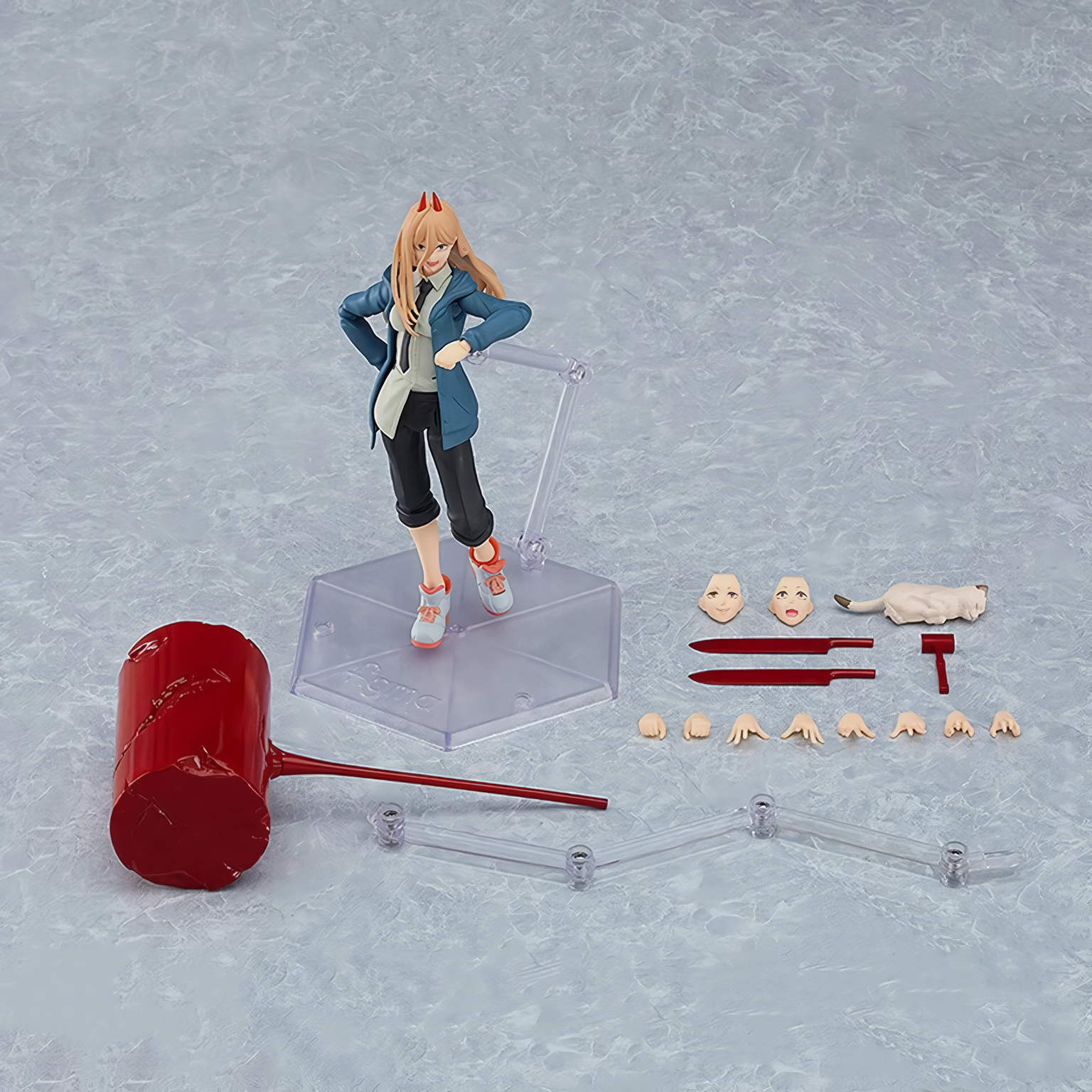 This figurine set features a dynamic Power figurine accompanied by an adjustable stand, complemented by accessories including one Blood Hammer, two Blood Knives, one Blood Mallet, two Adjustable Faces, four sets of Adjustable Hands, and her faithful cat companion.